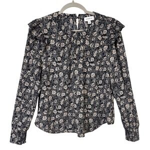 Evereve Black Floral Long Sleeve Blouse with Ruffle Shoulders Size Small